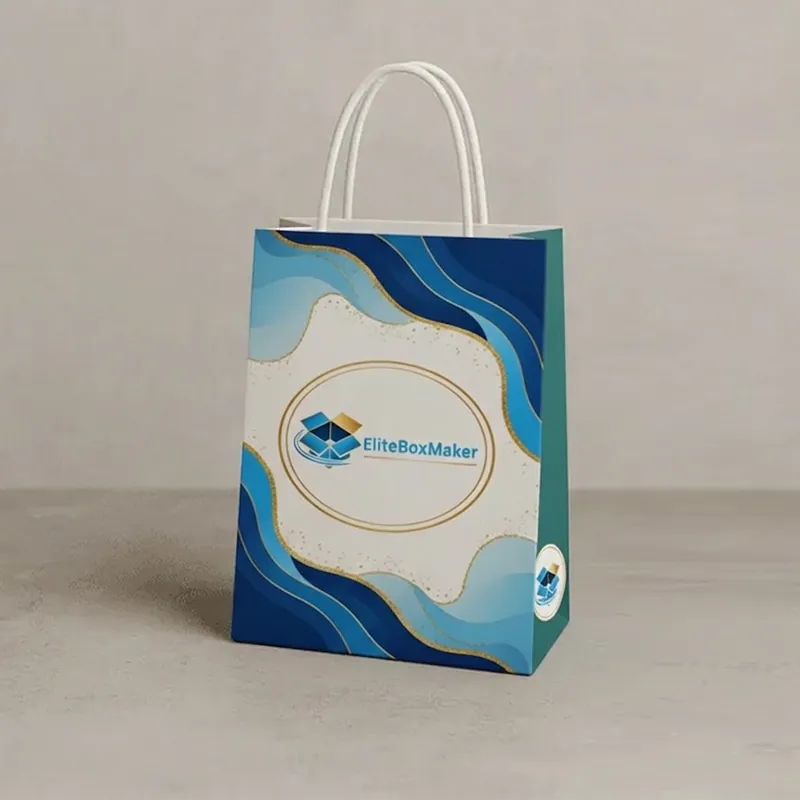 White packaging box with woven handles and a front logo, designed in a branded gift bag style.