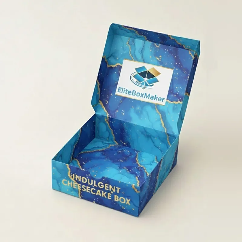 Unfolded light brown cardboard shows the flat layout for a tuck-top cheesecake box.