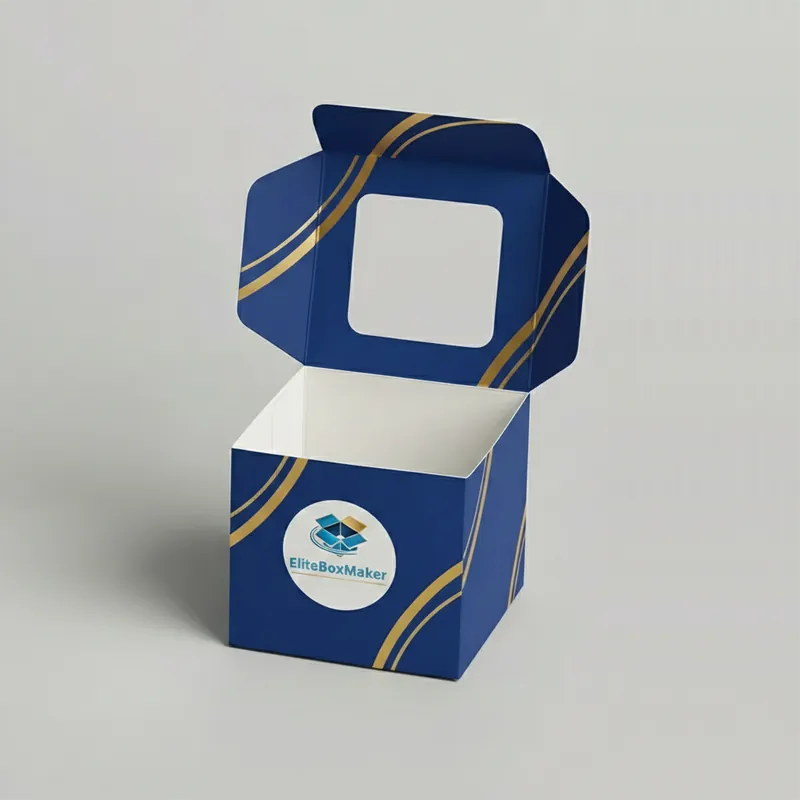 A crisp white, rectangular dessert packaging box with a transparent window on the hinged lid.