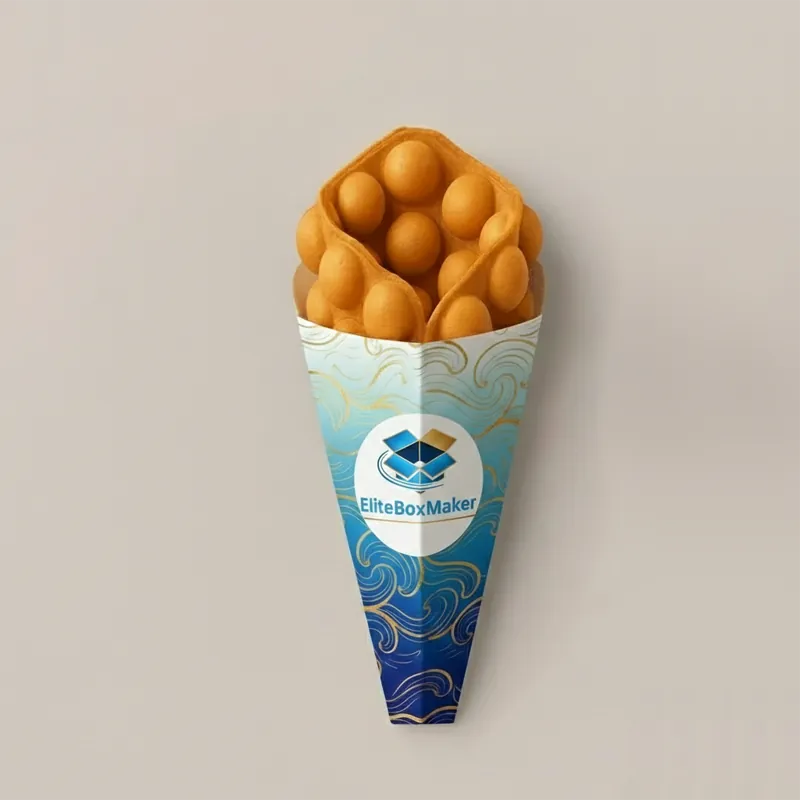Bubble waffle cone sleeve-style packaging box, tapered shape with an open top, made of natural paper.