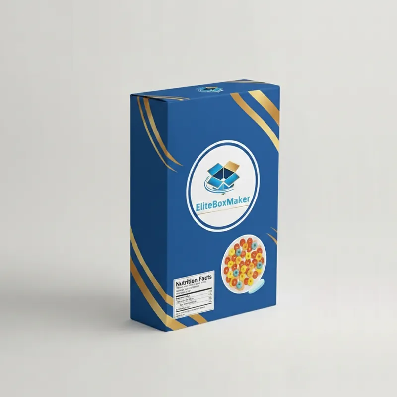 A rectangular, cereal-style packaging box with a colourful design, featuring an open top flap.