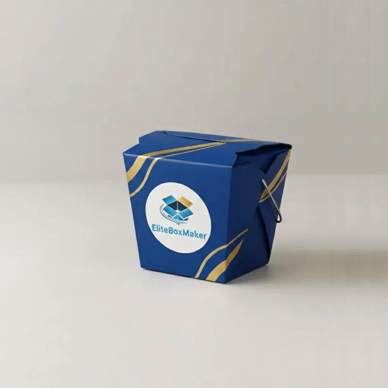 White packaging box in a Chinese takeout style, featuring red graphic elements.