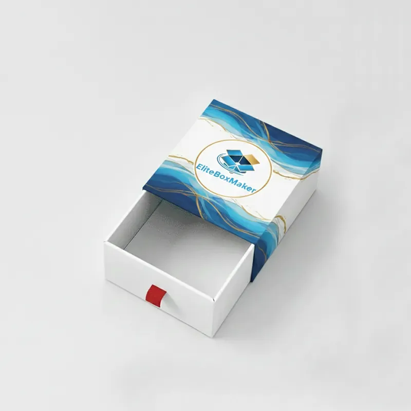 A white pullout packaging box, with its inner tray partially slid out of the outer sleeve.