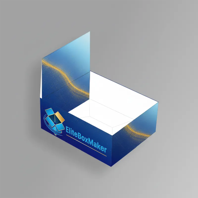 A retail packaging box featuring an auto-bottom base and a hinged display lid, open to showcase products.