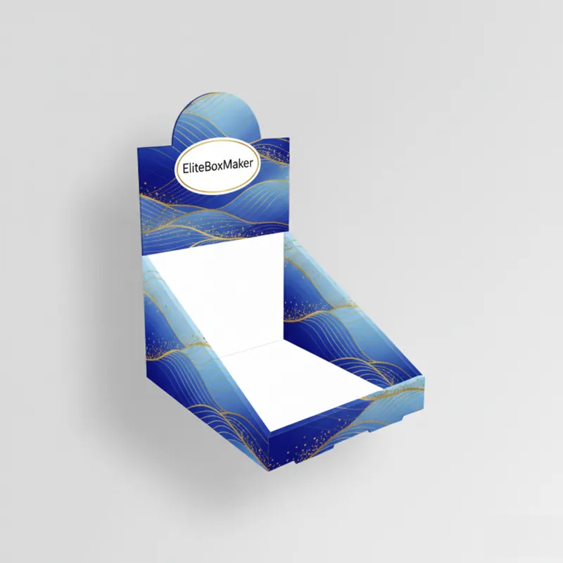 A packaging counter display box with an open front for showcasing products at retail.
