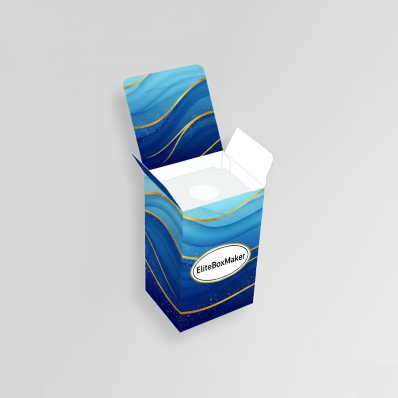 A rendered die-cut packaging box featuring a curved, bulb-shaped top flap closure and rounded bottom.