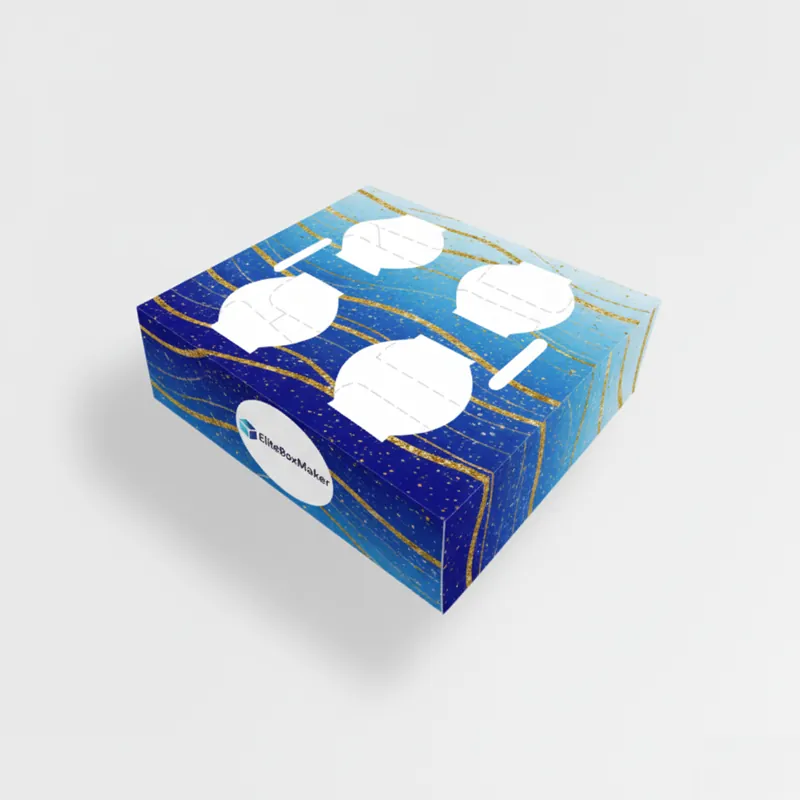 White retail box for an ice cream cone holder, with colourful cartoon illustrations of ice cream cones.