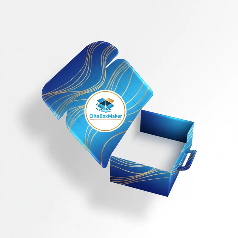 A cardboard mailer packaging box with an integrated top carry handle.