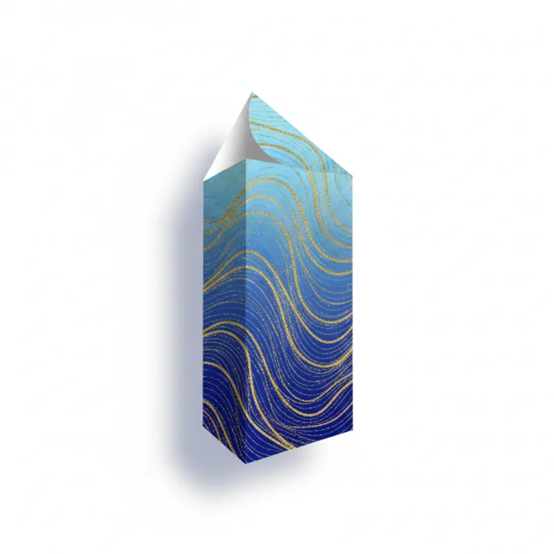 A white triangular prism box, a packaging style with three rectangular sides and two triangular ends.