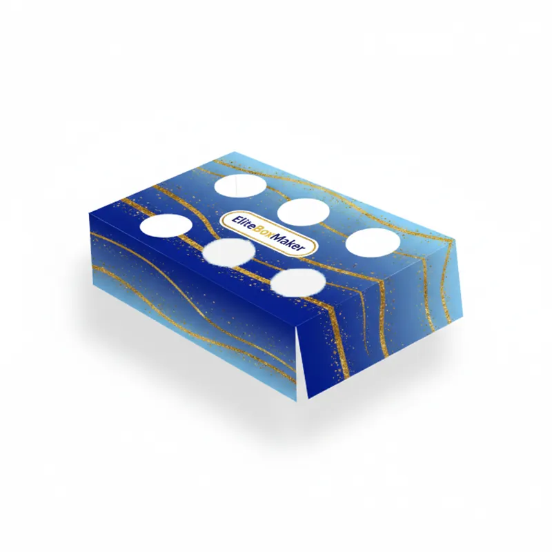 Packaging box with punched inserts, creating compartments for secure item placement.