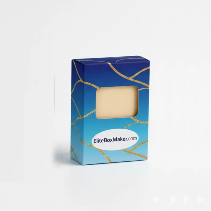 Blank, rectangular paperboard packaging box with a clear rectangular front window for product display.